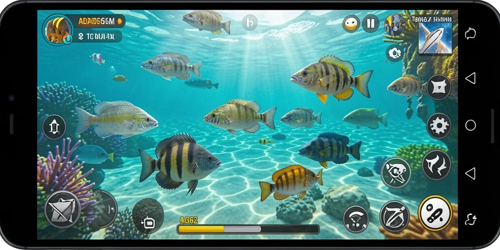 Screenshot gameplay ADG62 menampilkan aksi seru menangkap ikan.