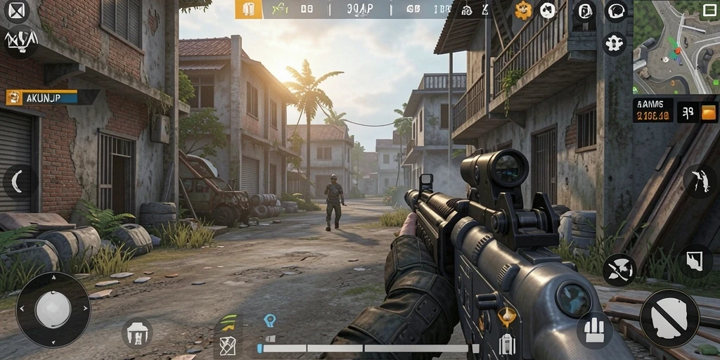 Screenshot gameplay AKUNJP menampilkan aksi tembak-menembak yang mendebarkan.