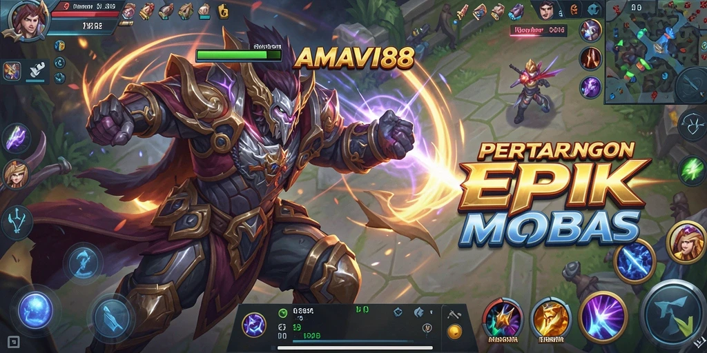 Screenshot gameplay MOBA AMAVI88 yang epik.