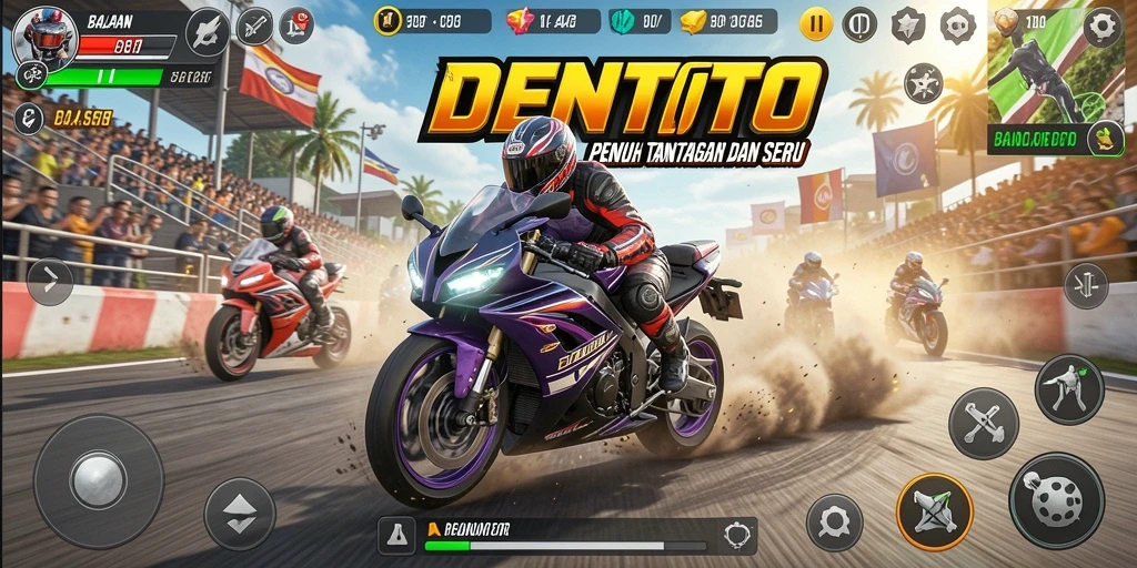 Tampilan gameplay DENTOTO yang seru dan mendebarkan saat balapan motor.