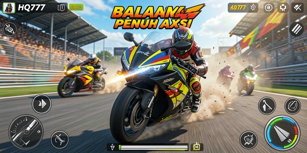 Tangkapan layar menampilkan aksi balapan motor seru dari HQ777.