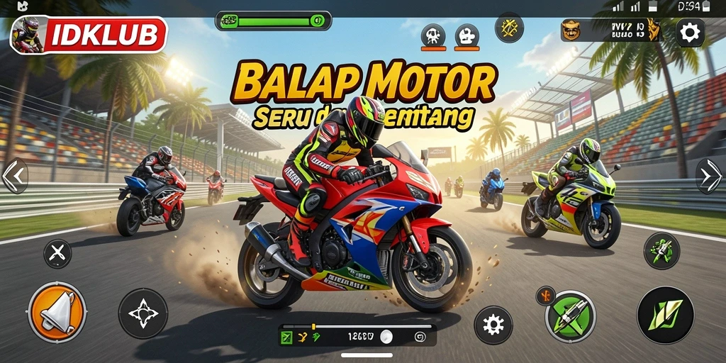 Screenshot gameplay IDKLUB menunjukkan balapan motor yang seru dan mendebarkan.