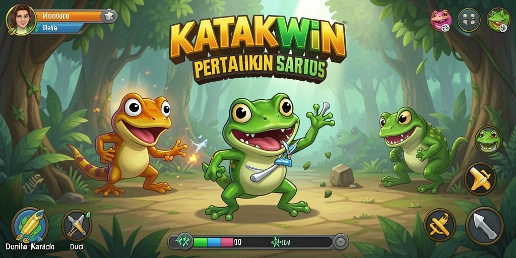 Screenshot gameplay KATAKWIN menampilkan pertarungan seru antar katak.