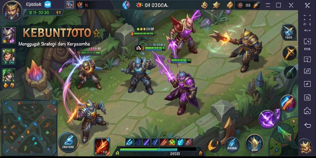 Gameplay MOBA KEBUNTOTO yang penuh aksi dan strategi.