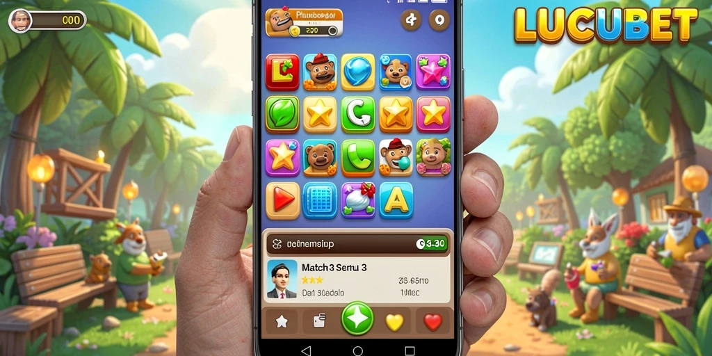 Tangkapan layar utama LUCUBET menampilkan gameplay Match-3 yang mengasyikkan.