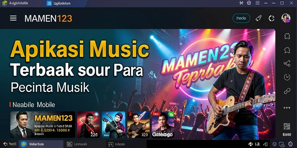 Screenshot gameplay MAMEN123 dengan berbagai lagu dan tantangan musik.